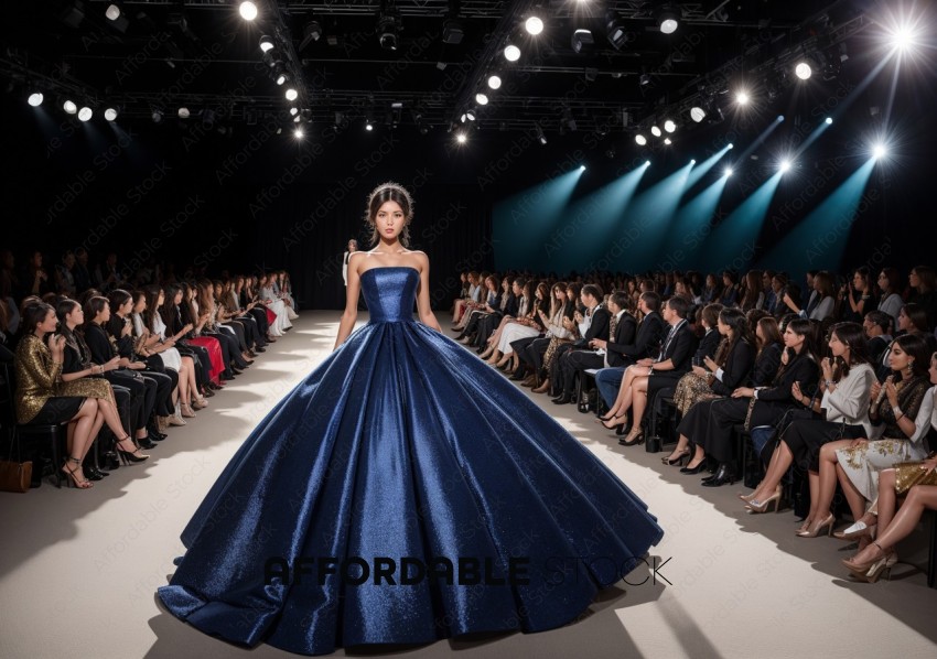 Fashion Model in Blue Dress at Runway Show