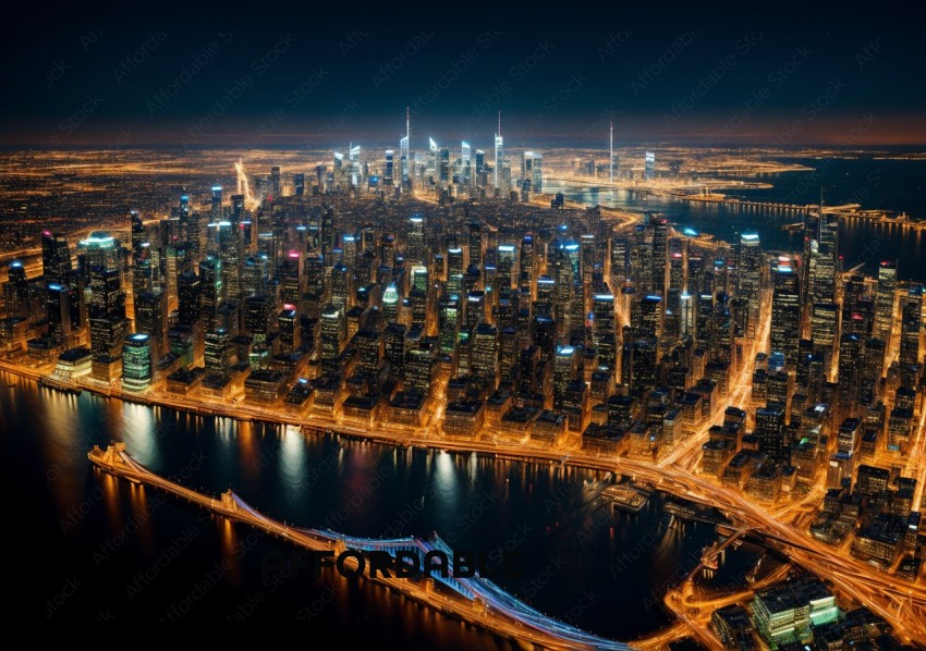 Aerial Nighttime View of Illuminated Cityscape