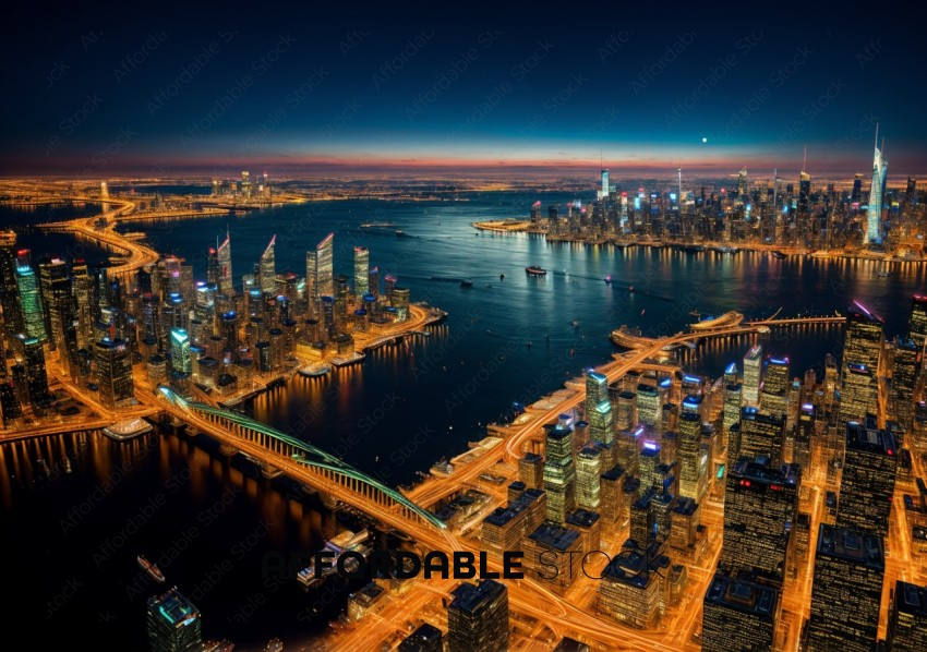 Twilight Cityscape with Illuminated Skyscrapers