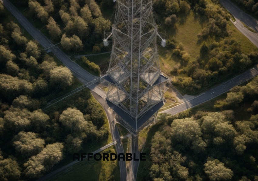 Aerial View of Electrical Pylon amidst Forested Area