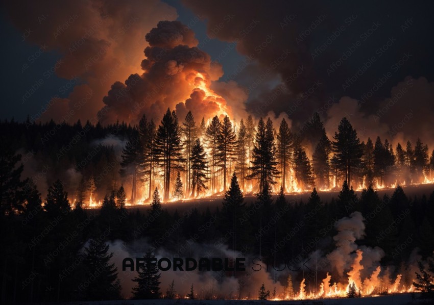 Fiery Wildfire in Dense Forest at Night