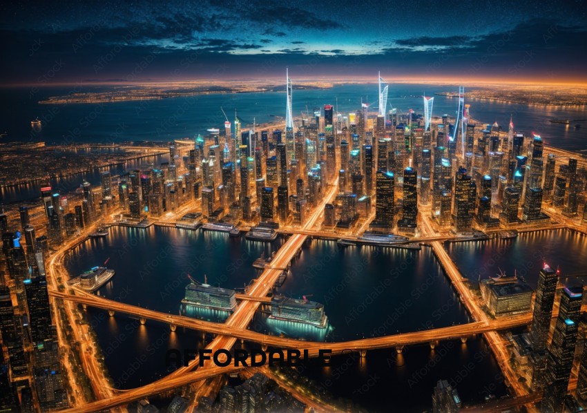 Twilight Cityscape with Illuminated Bridges and Skylines
