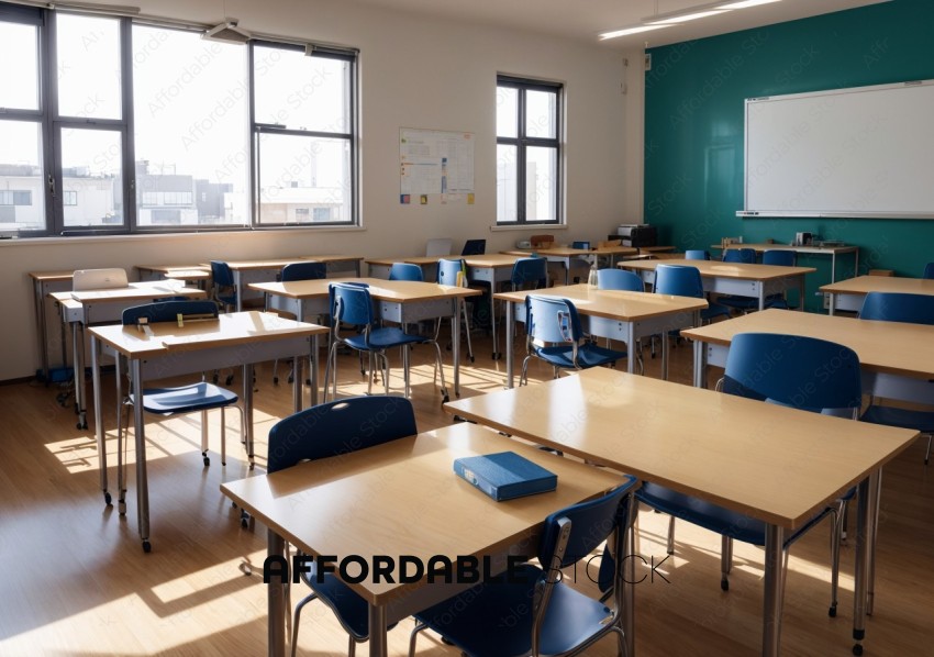 Sunny Modern Classroom with Desks and Chairs