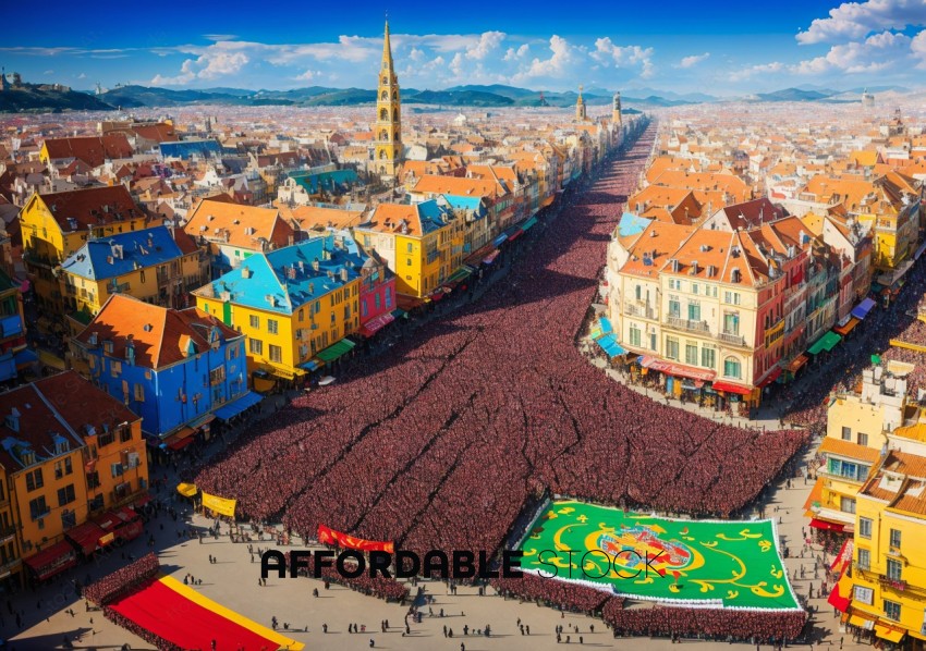 Aerial View of Crowded Square with Festival Decorations