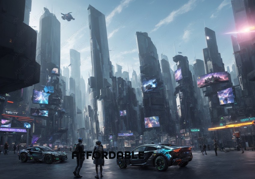 Futuristic Cityscape with Flying Vehicles and Pedestrians