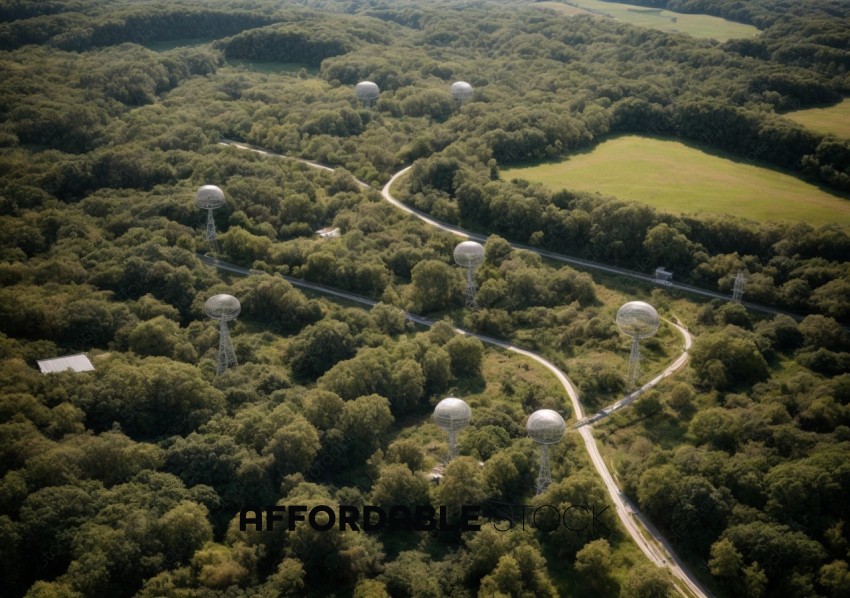 Aerial View of Radar Towers in Lush Forest