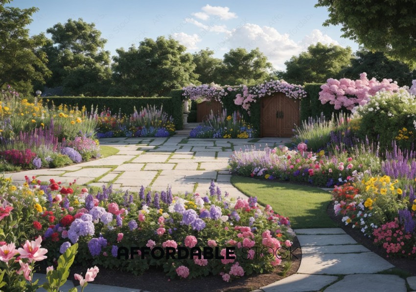 Lush Flower Garden with Pathway and Wooden Shed