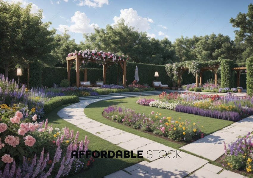 Elegant Garden Design with Flower Beds and Pergolas