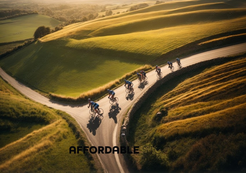 Cyclists on Curvy Countryside Road at Sunset