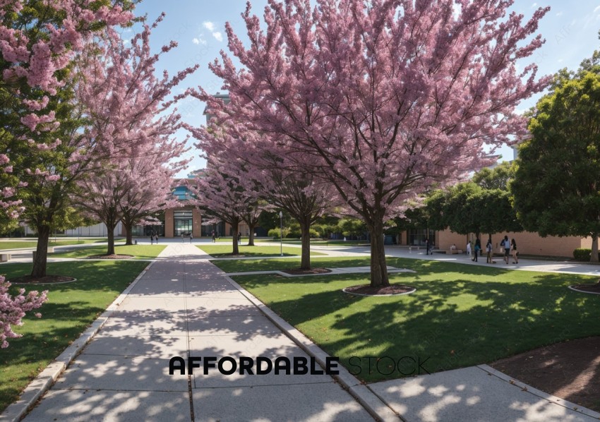 Blossoming Cherry Trees in Campus Walkway