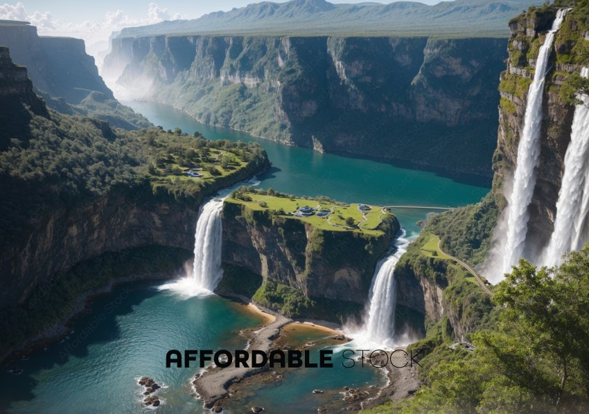 Aerial View of Majestic Waterfalls and River Landscape