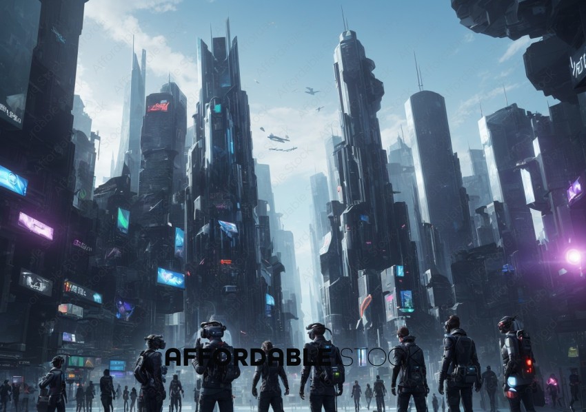 Futuristic City with Figures and Flying Vehicles