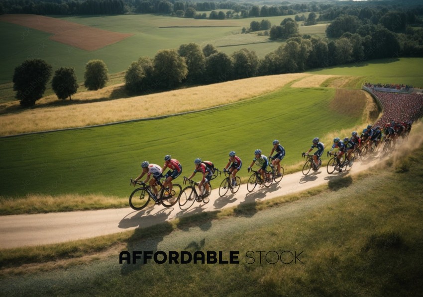 Cyclists Racing on Rural Road Aerial View