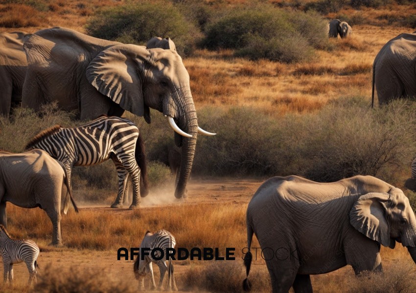Elephants and Zebras in African Savannah