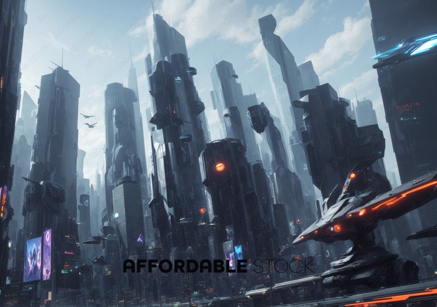 Futuristic Cityscape with Flying Vehicles