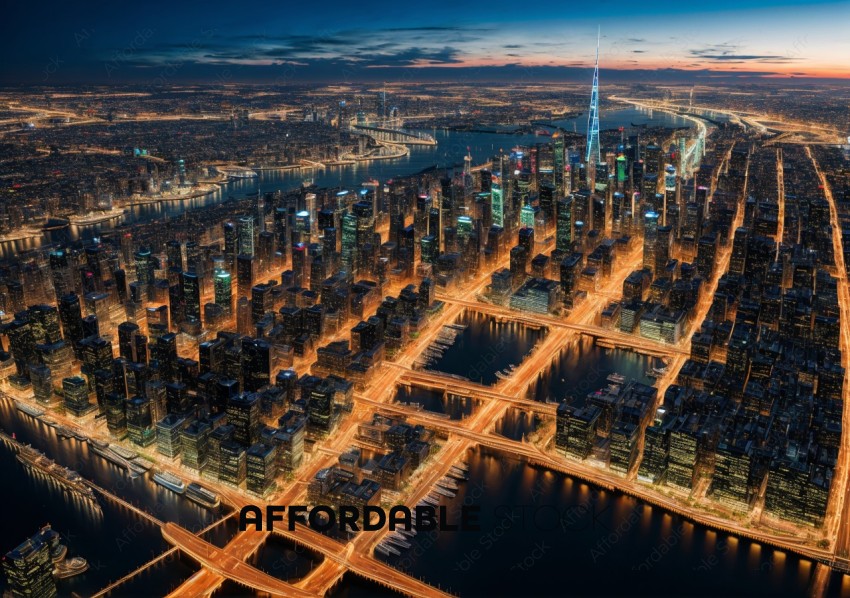 Twilight Cityscape with Illuminated Skyscrapers