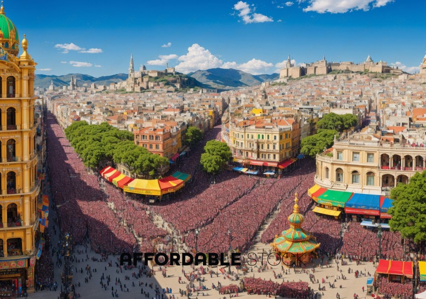 Aerial View of Crowded Festival in Historic City