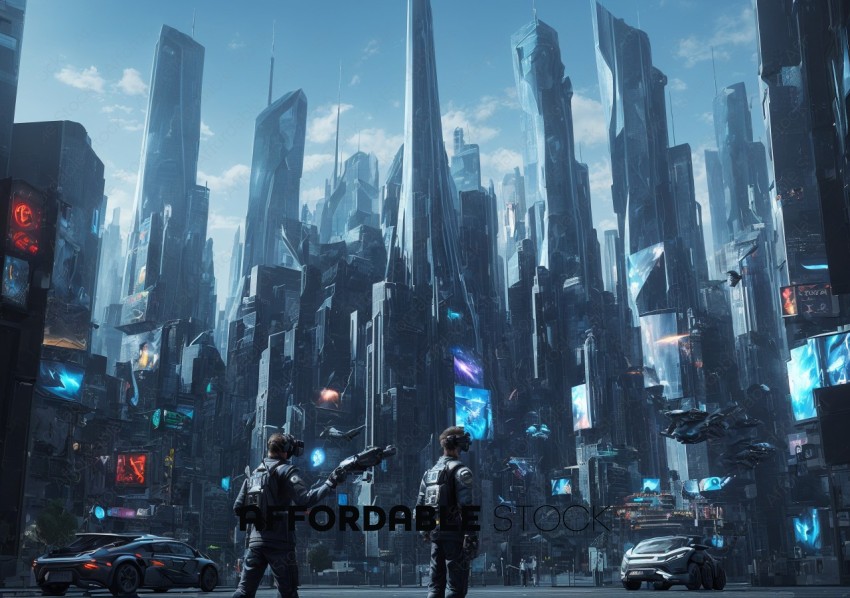 Futuristic Cityscape with Cybersecurity Patrol