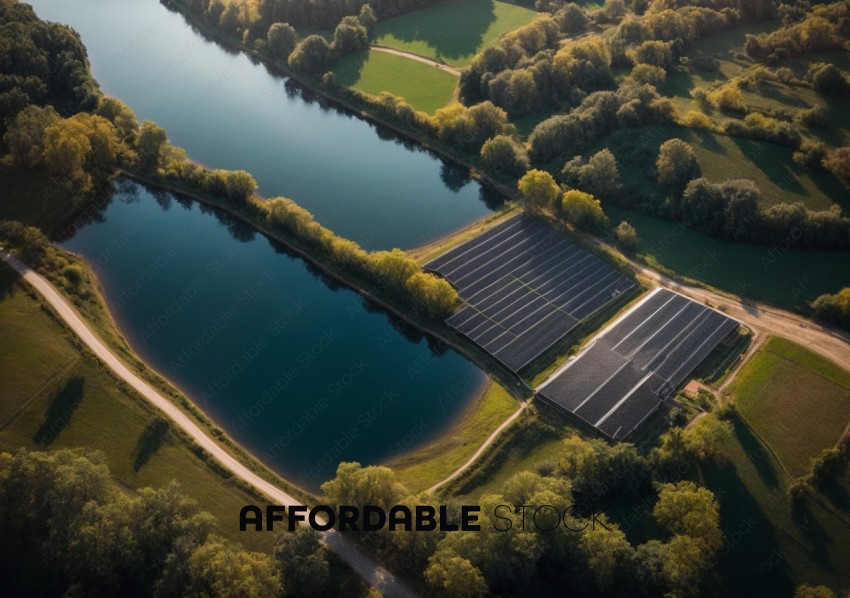 Aerial View of Solar Panels by River