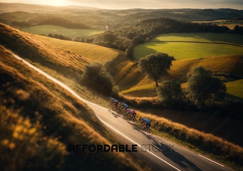 Cyclists on Countryside Road at Sunset
