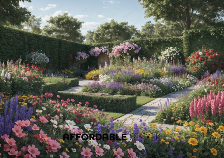 Lush Garden Path with Colorful Flowers