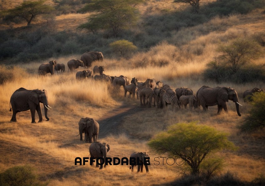 African Elephants Walking on Dusty Trail