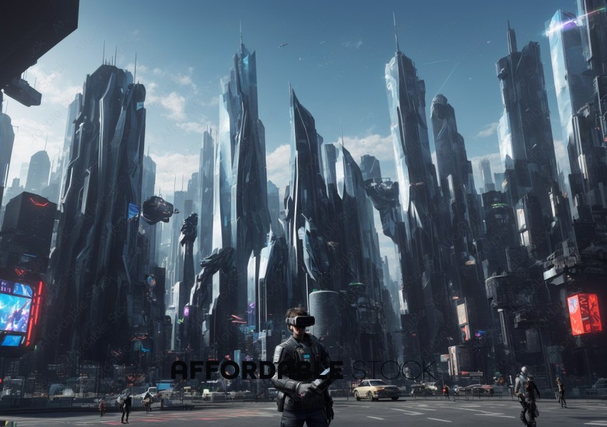 Futuristic Cityscape with Patrolling Officers