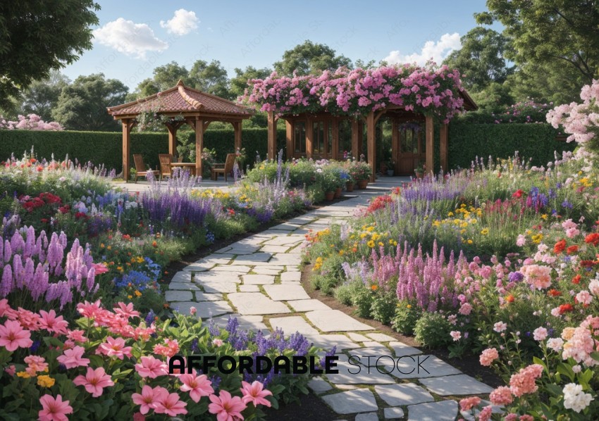 Blooming Garden with Gazebo and Stone Pathway