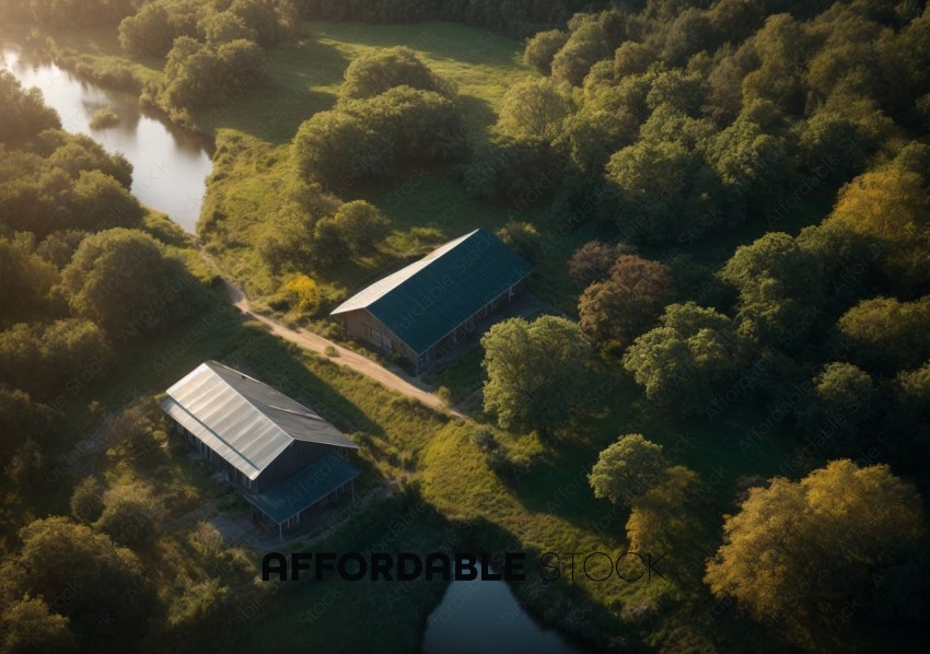 Rural Farm Buildings by River at Sunset
