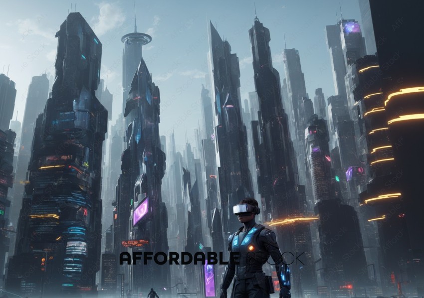 Futuristic Cityscape with Cyborg Security Guard