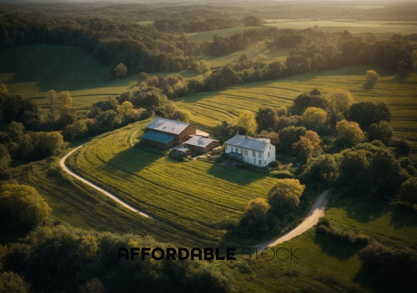 Aerial View of Countryside Homes at Sunset