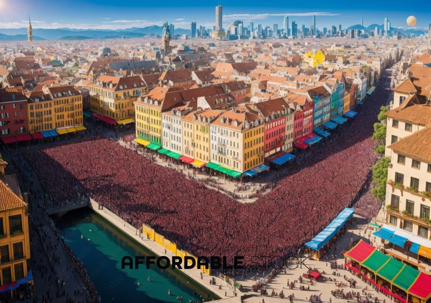 Aerial View of Crowded City Event by River