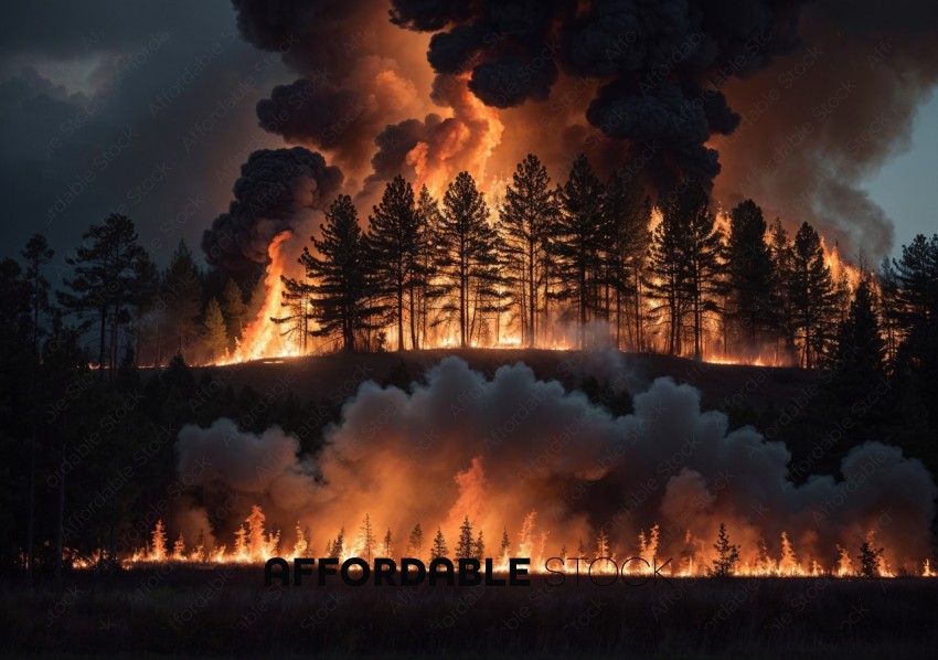 Intense Wildfire Consuming Forest at Dusk