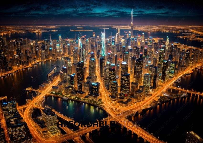 Aerial View of Bustling Cityscape at Night