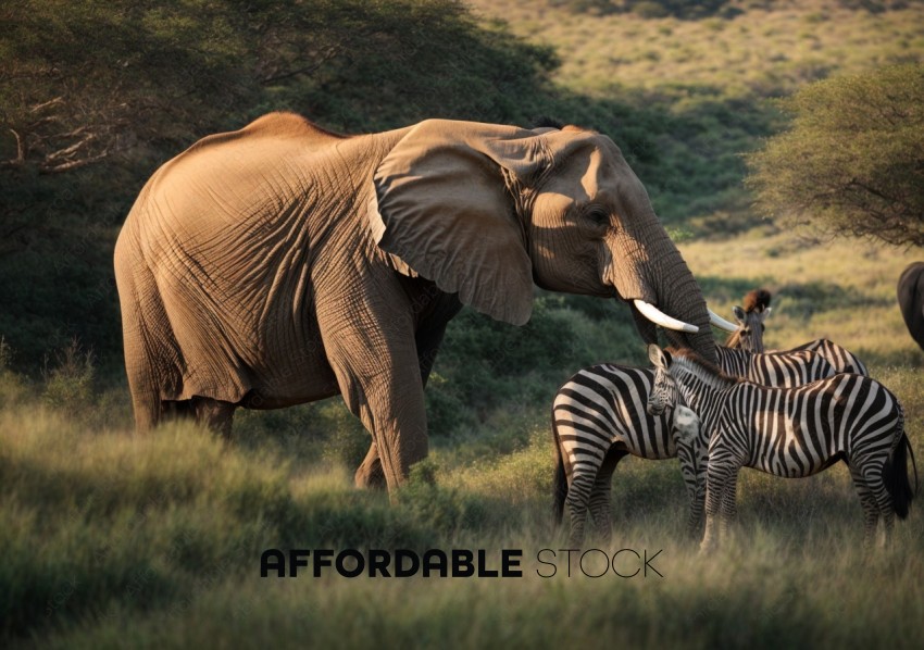 African Elephant and Zebras in the Wild