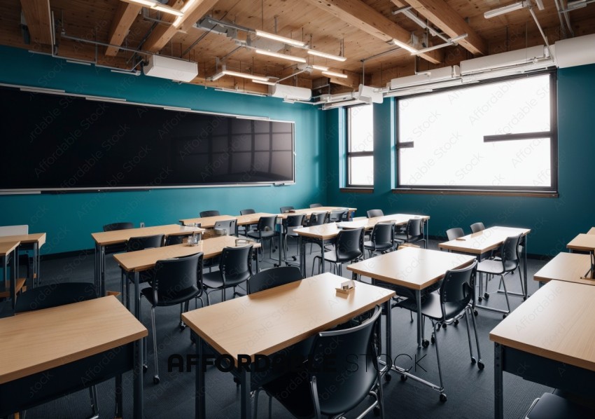 Modern Classroom with Empty Desks and Blackboard