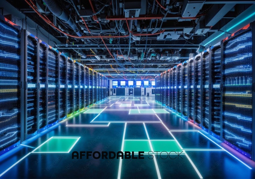 Futuristic Data Center with Glowing LED Lights