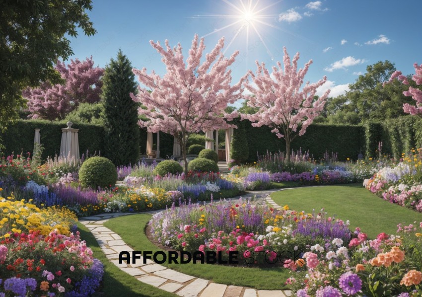Blossoming Cherry Trees in a Vibrant Garden
