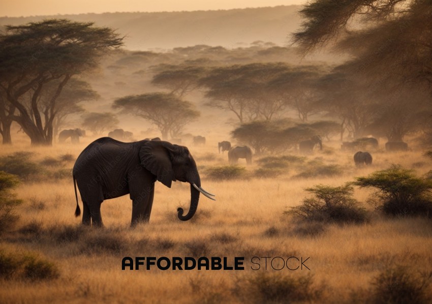 African Elephant Herd at Sunrise in Savanna