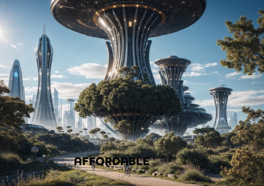 Futuristic Cityscape with Elevated Botanical Gardens