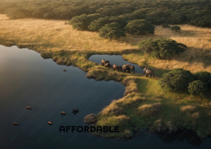 Elephants by Waterhole in Natural Habitat