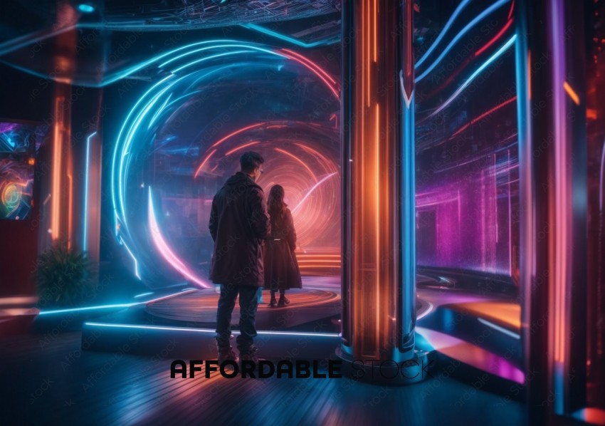 Futuristic Neon Light Tunnel with People