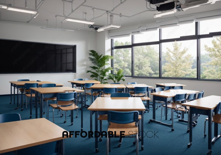 Modern Classroom Interior with Empty Desks
