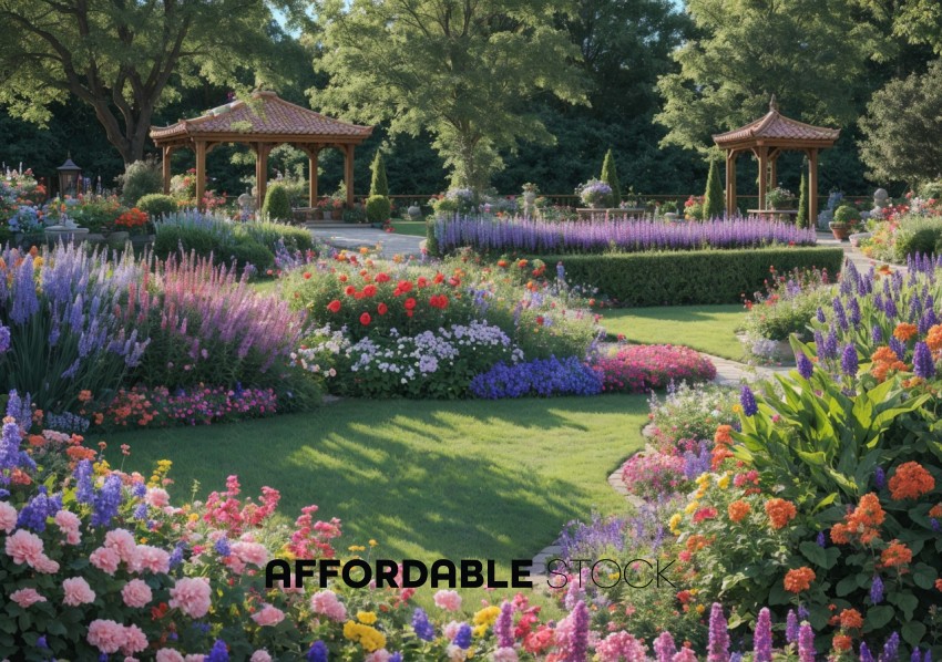 Lush Garden with Colorful Flowers and Gazebos