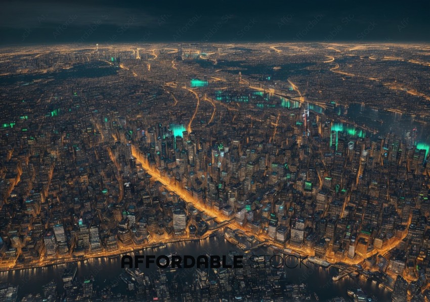 Nighttime Aerial View of Cityscape with Illuminated Streets