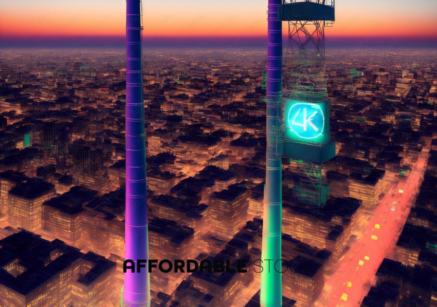 Futuristic Cityscape with Glowing 4K Sign at Twilight
