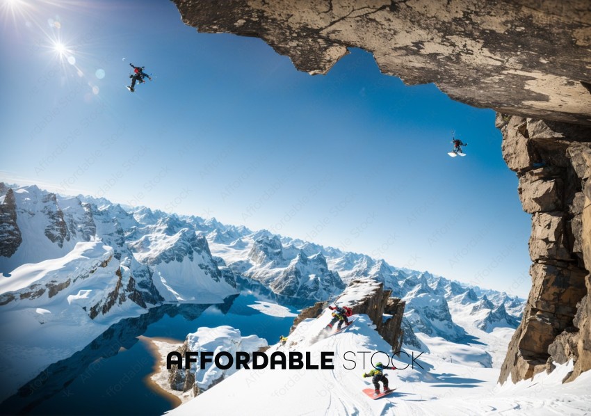 Snowboarders Jumping Over Mountain Ridge