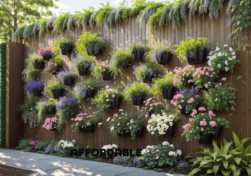Vertical Garden with Flowering Plants on Wooden Fence