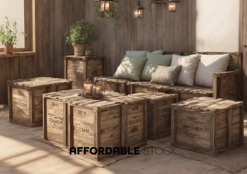 Rustic Wooden Crate Sofa with Cushions