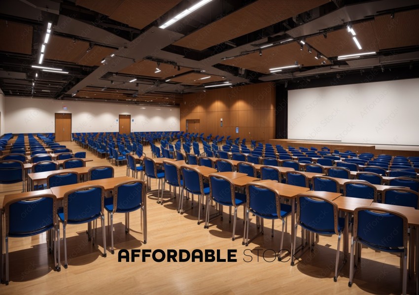 Modern Conference Room with Blue Chairs and Projection Screen